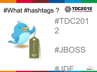 #What #hashtags ?
               #TDC2012

               #JBOSS

               #JDF

                      Globalcode – Open4education
 