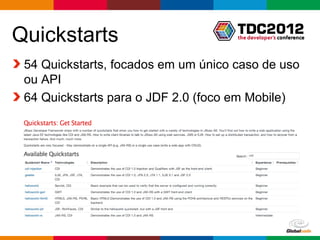 Quickstarts
 54 Quickstarts, focados em um único caso de uso
 ou API
 64 Quickstarts para o JDF 2.0 (foco em Mobile)




 ...