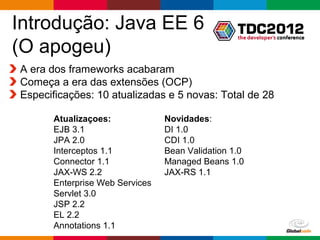 Introdução: Java EE 6
(O apogeu)
A era dos frameworks acabaram
Começa a era das extensões (OCP)
Especificações: 10 atualiz...