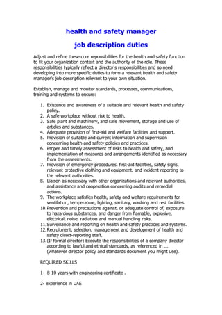 Jd Health And Safety Manager