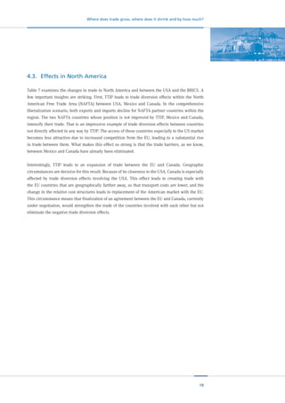 19
Where does trade grow, where does it shrink and by how much?
4.3.	 Effects in North America
Table 7 examines the changes in trade in North America and between the USA and the BRICS. A
few important insights are striking. First, TTIP leads to trade diversion effects within the North
American Free Trade Area (NAFTA) between USA, Mexico and Canada. In the comprehensive
liberalization scenario, both exports and imports decline for NAFTA partner countries within the
region. The two NAFTA countries whose position is not improved by TTIP, Mexico and Canada,
intensify their trade. That is an impressive example of trade diversion effects between countries
not directly affected in any way by TTIP: The access of these countries especially to the US market
becomes less attractive due to increased competition from the EU, leading to a substantial rise
in trade between them. What makes this effect so strong is that the trade barriers, as we know,
between Mexico and Canada have already been eliminated.
Interestingly, TTIP leads to an expansion of trade between the EU and Canada. Geographic
circumstances are decisive for this result. Because of its closeness to the USA, Canada is especially
affected by trade diversion effects involving the USA. This effect leads to creating trade with
the EU countries that are geographically farther away, so that transport costs are lower, and the
change in the relative cost structures leads to replacement of the American market with the EU.
This circumstance means that finalization of an agreement between the EU and Canada, currently
under negotiation, would strengthen the trade of the countries involved with each other but not
eliminate the negative trade diversion effects.
 