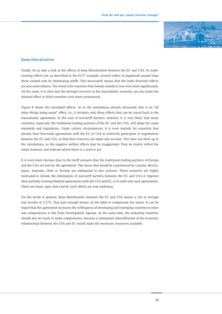 29
How do real per capita incomes change?
Deep liberalization
Finally, let us take a look at the effects of deep liberalization between the EU and USA. Its trade-
creating effects are, as described in the EU27 example, several orders of magnitude greater than
those created only by eliminating tariffs. This necessarily means that the trade diversion effects
are also more intense. The trend is for countries that remain outside to lose even more significantly.
All the same, it is clear that the stronger recovery in the transatlantic economy can also make the
demand effect in third countries even more pronounced.
Figure 8 shows the calculated effects. As in the simulations already discussed, this is an “all
other things being equal” effect, i.e., it includes only those effects that can be traced back to the
transatlantic agreement. In the case of non-tariff barriers, however, it is very likely that many
countries, especially the traditional trading partners of the EU and the USA, will adopt the same
standards and regulations. Under certain circumstances, it is even realistic for countries that
already have free-trade agreements with the EU or USA to indirectly participate in negotiations
between the EU and USA, so that their concerns are taken into account. This does not show up in
the calculations, so the negative welfare effects may be exaggerated. They do clearly reflect the
trend, however, and indicate where there is a need to act.
It is even more obvious than in the tariff scenario that the traditional trading partners of Europe
and the USA are hurt by the agreement. The losses that would be experienced by Canada, Mexico,
Japan, Australia, Chile or Norway are substantial in this scenario. These countries are highly
motivated to imitate the elimination of non-tariff barriers between the EU and USA or improve
their partially existing bilateral agreements with the USA and EU, or to enter into such agreements.
There are many signs that exactly such efforts are now underway.
For the world in general, deep liberalization between the EU and USA means a rise in average
real income of 3.27%. That puts enough money on the table to compensate the losers. It can be
hoped that the agreement increases the willingness of developing and emerging countries to enter
into compromises in the Doha Development Agenda. At the same time, the industrial countries
should also be ready to make compromises, because a substantial intensification of the economic
relationships between the USA and EU would make the necessary resources available.
 