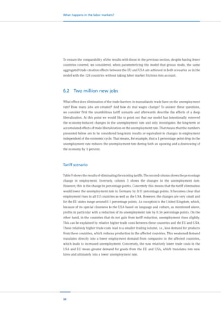 34
What happens in the labor markets?
To ensure the comparability of the results with those in the previous section, despite having fewer
countries covered, we considered, when parameterizing the model that grosso modo, the same
aggregated trade creation effects between the EU and USA are achieved in both scenarios as in the
model with the 126 countries without taking labor market frictions into account.
6.2	 Two million new jobs
What effect does elimination of the trade barriers in transatlantic trade have on the unemployment
rate? How many jobs are created? And how do real wages change? To answer these questions,
we consider first the unambitious tariff scenario and afterwards describe the effects of a deep
liberalization. At this point we would like to point out that our model has intentionally removed
the economy-induced changes in the unemployment rate and only investigates the long-term or
accumulated effects of trade liberalization on the unemployment rate. That means that the numbers
presented below are to be considered long-term results or equivalent to changes in employment
independent of the economic cycle. That means, for example, that a 1 percentage point drop in the
unemployment rate reduces the unemployment rate during both an upswing and a downswing of
the economy by 1 percent.
Tariff scenario
Table9showstheresultsofeliminatingtheexistingtariffs.Thesecondcolumnshowsthepercentage
change in employment. Inversely, column 3 shows the changes in the unemployment rate.
However, this is the change in percentage points. Concretely this means that the tariff elimination
would lower the unemployment rate in Germany by 0.11 percentage points. It becomes clear that
employment rises in all EU countries as well as the USA. However, the changes are very small and
for the EU states range around 0.1 percentage points. An exception is the United Kingdom, which,
because of its special closeness to the USA based on language and culture, as mentioned above,
profits in particular with a reduction of its unemployment rate by 0.34 percentage points. On the
other hand, in the countries that do not gain from tariff reduction, unemployment rises slightly.
This can be explained by relative higher trade costs between these countries and the EU and USA.
These relatively higher trade costs lead to a smaller trading volume, i.e., less demand for products
from these countries, which reduces production in the affected countries. This weakened demand
translates directly into a lower employment demand from companies in the affected countries,
which leads to increased unemployment. Conversely, the now relatively lower trade costs in the
USA and EU mean greater demand for goods from the EU and USA, which translates into new
hires and ultimately into a lower unemployment rate.
 