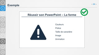 2
Exemple
« 24 »
Réussir son PowerPoint – La forme
Couleurs
Police
Taille de caractère
Image
Animation
 