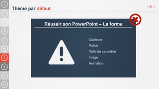 7
Thème par défaut
« 51 »
Réussir son PowerPoint – La forme
Couleurs
Police
Taille de caractère
Image
Animation
 