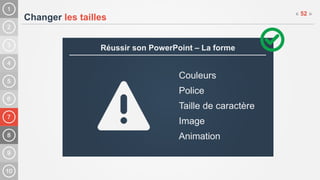7
Changer les tailles
« 52 »
Réussir son PowerPoint – La forme
Couleurs
Police
Taille de caractère
Image
Animation
 