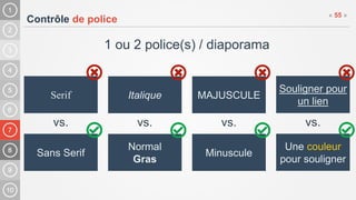 7
Contrôle de police
1 ou 2 police(s) / diaporama
« 55 »
vs.
Serif
Sans Serif
vs.
Italique
Normal
Gras
vs.
Souligner pour
un lien
Une couleur
pour souligner
vs.
MAJUSCULE
Minuscule
 