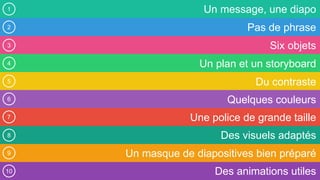 1
2
3
4
5
6
7
8
9
10
Un message, une diapo
Pas de phrase
Six objets
Un plan et un storyboard
Du contraste
Quelques couleurs
Une police de grande taille
Des visuels adaptés
Un masque de diapositives bien préparé
Des animations utiles
 
