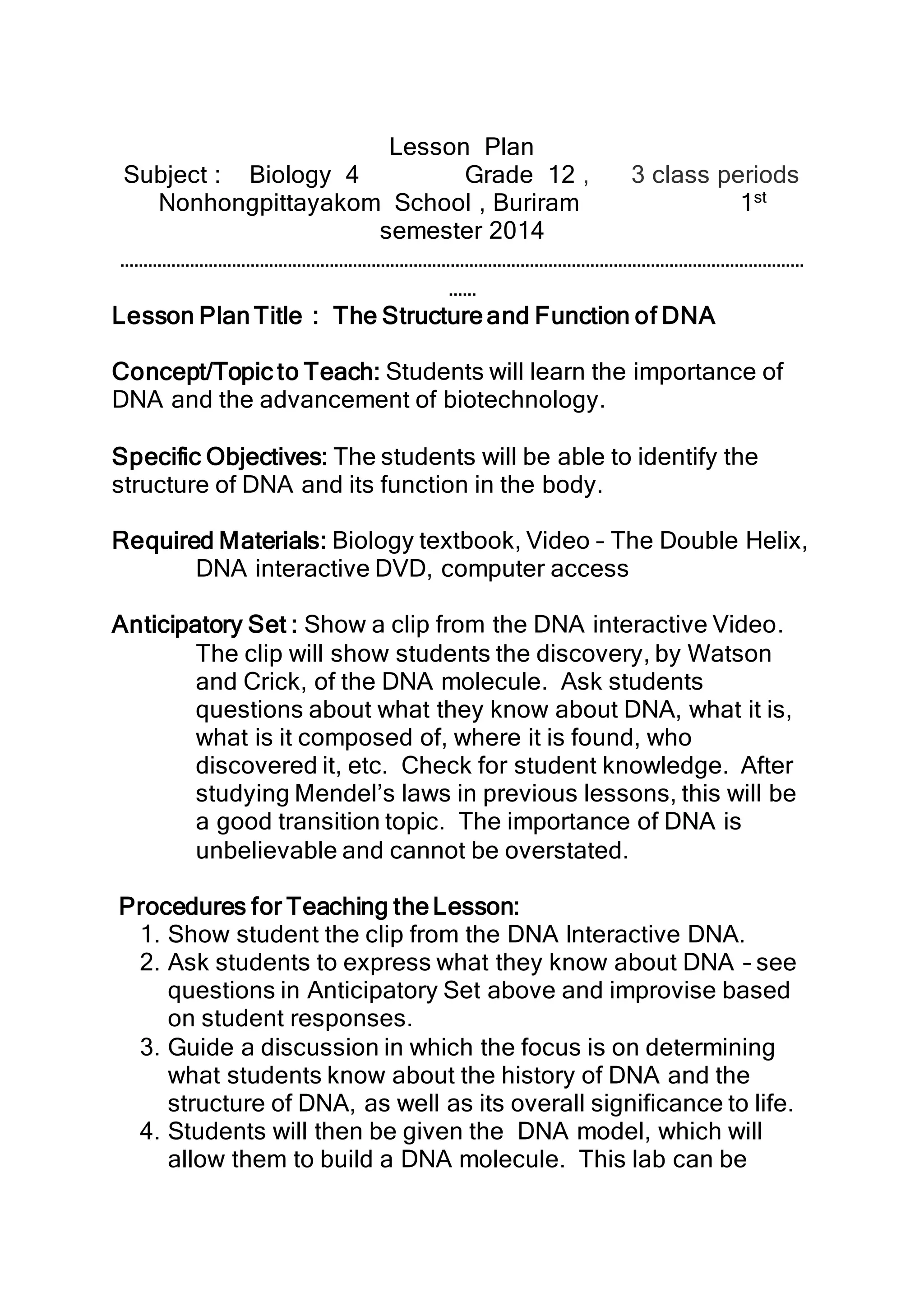Lesson plan structure of dna | DOCX