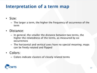 Interpretation of a term map
• Size:
– The larger a term, the higher the frequency of occurrence of the
term
• Distance:
–...