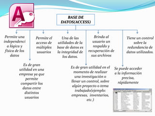 BASE DE
DATOS(ACCESS)
Permite una
independenci
a lógica y
física de los
datos
Permite el
acceso de
múltiples
usuarios
Una de las
utilidades de la
base de datos es
la integridad de
los datos.
Brinda al
usuario un
respaldo y
recuperación de
sus archivos
Tiene un control
sobre la
redundancia de
datos utilizados.
Es de gran
utilidad en una
empresa ya que
permite
compartir los
datos entre
distintos
usuarios
Es de gran utilidad en el
momento de realizar
una investigación o
llevar un control, sobre
algún proyecto o tema
trabajado(ejemplo:
empresas, inventarios,
etc.)
Se puede acceder
a la información
precisa,
rápidamente