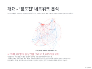 개요 - ‘정도전’ 네트워크 분석
2014년 1월부터 6월까지 방영된 KBS 드라마 ‘정도전’. 네트워크 분석을 통해 인물간의 관계와 권력 흐름을 분석해보았습니다.
• 50회, 82명의 등장인물 그리고 1,701개의 대화
사람을 위한 나라를 만들고자 했던 정도전의 일대기를 그린 KBS 대하 드라마 ‘정도전’.
고려를 향한 충심, 권력을 향한 욕망, 백성을 위한 대업이 뒤섞인 여말선초의 대서사시를 분석하면 어떤 결과가 나올까요?
등장인물간의 관계를 데이터화하여 네트워크 분석함으로써 드라마 상 권력구조의 변화와 흐름을 추적해보았습니다.
드라마 ‘정도전’ 전체 50회 통합 네트워크 모형
By JDJMANIA
 