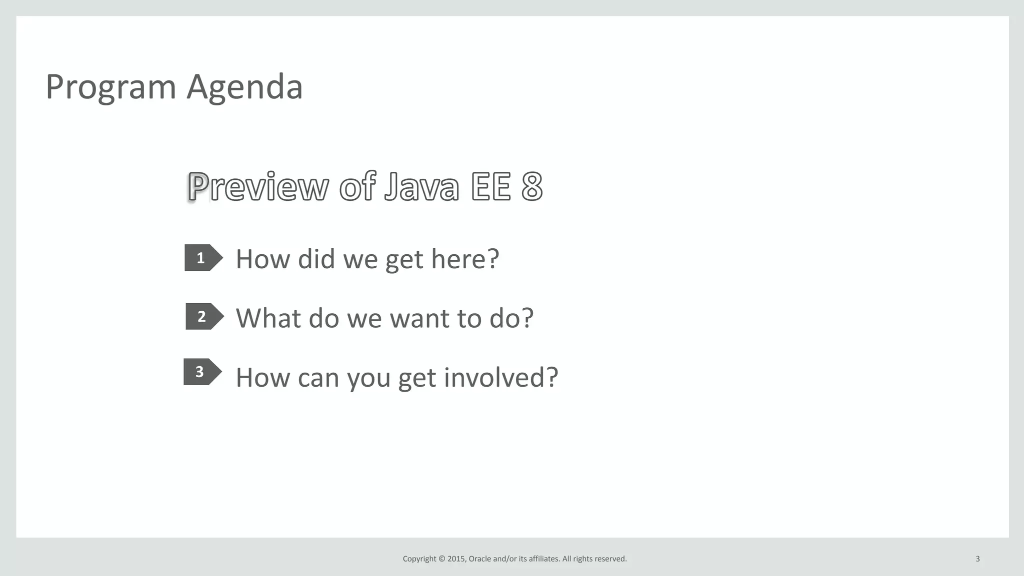 Copyright	
  ©	
  2015,	
  Oracle	
  and/or	
  its	
  affiliates.	
  All	
  rights	
  reserved.	
  
Program	
  Agenda
How	
  did	
  we	
  get	
  here?	
  
What	
  do	
  we	
  want	
  to	
  do?	
  
How	
  can	
  you	
  get	
  involved?
1
2
3
Preview	
  of	
  Java	
  EE	
  8
3
 