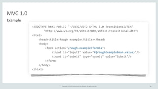 Copyright	
  ©	
  2015,	
  Oracle	
  and/or	
  its	
  affiliates.	
  All	
  rights	
  reserved.	
  
MVC	
  1.0
38
Example
<!DOCTYPE	
  html	
  PUBLIC	
  "-­‐//W3C//DTD	
  XHTML	
  1.0	
  Transitional//EN"	
  
	
   "http://www.w3.org/TR/xhtml1/DTD/xhtml1-­‐transitional.dtd">	
  
<html>
	
  	
  	
  	
  <head><title>Rough	
  example</title></head>
	
  	
  	
  	
  <body>
	
  	
  	
  	
  	
  	
  	
  	
  <form	
  action="/rough-­‐example/form1a">
	
  	
  	
  	
  	
  	
  	
  	
  	
  	
  	
  	
  <input	
  id="input1"	
  value="#{roughExampleBean.value}"/>
	
  	
  	
  	
  	
  	
  	
  	
  	
  	
  	
  	
  <input	
  id="submit"	
  type="submit"	
  value="Submit"/>
	
  	
  	
  	
  	
  	
  	
  	
  </form>
	
  	
  	
  	
  </body>
</html>
 