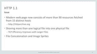 Copyright	
  ©	
  2015,	
  Oracle	
  and/or	
  its	
  affiliates.	
  All	
  rights	
  reserved.	
  
HTTP	
  1.1
Issue
43
• Modern	
  web	
  page	
  now	
  consists	
  of	
  more	
  than	
  90	
  resources	
  fetched	
  
from	
  15	
  distinct	
  hosts	
  
– http://httparchive.org	
  
• Shoving	
  more	
  than	
  one	
  logical	
  file	
  into	
  one	
  physical	
  file	
  
– TCP	
  Efficiency	
  Improves	
  with	
  Larger	
  Files	
  
• File	
  Concatenation	
  and	
  Image	
  Sprites
 