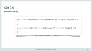 Copyright	
  ©	
  2015,	
  Oracle	
  and/or	
  its	
  affiliates.	
  All	
  rights	
  reserved.	
   66
CDI	
  2.0
Events	
  Ordering
public	
  void	
  importantObserver(@Observes	
  @Priority(1)	
  Payload	
  pld)	
  
{	
  
...	
  
}	
  
public	
  void	
  anotherObserver(@Observes	
  @Priority(2)	
  Payload	
  pld)	
  
{	
  
...	
  
}
 