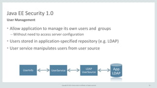 Copyright	
  ©	
  2015,	
  Oracle	
  and/or	
  its	
  affiliates.	
  All	
  rights	
  reserved.	
  
Java	
  EE	
  Security	
  1.0
User	
  Management
• Allow	
  application	
  to	
  manage	
  its	
  own	
  users	
  and	
  	
  groups	
  
– Without	
  need	
  to	
  access	
  server	
  configuration	
  
• Users	
  stored	
  in	
  application-­‐specified	
  repository	
  (e.g.	
  LDAP)	
  
• User	
  service	
  manipulates	
  users	
  from	
  user	
  source	
  	
  
App	
  
LDAP
UserInfo UserService
LDAP	
  
UserSource
76
 