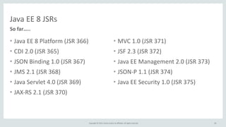 Copyright	
  ©	
  2015,	
  Oracle	
  and/or	
  its	
  affiliates.	
  All	
  rights	
  reserved.	
  
Java	
  EE	
  8	
  JSRs
• Java	
  EE	
  8	
  Platform	
  (JSR	
  366)	
  
• CDI	
  2.0	
  (JSR	
  365)	
  
• JSON	
  Binding	
  1.0	
  (JSR	
  367)	
  
• JMS	
  2.1	
  (JSR	
  368)	
  	
  
• Java	
  Servlet	
  4.0	
  (JSR	
  369)	
  	
  
• JAX-­‐RS	
  2.1	
  (JSR	
  370)	
  
• MVC	
  1.0	
  (JSR	
  371)	
  	
  
• JSF	
  2.3	
  (JSR	
  372)	
  
• Java	
  EE	
  Management	
  2.0	
  (JSR	
  373)	
  
• JSON-­‐P	
  1.1	
  (JSR	
  374)	
  
• Java	
  EE	
  Security	
  1.0	
  (JSR	
  375)
So	
  far…..
83
 