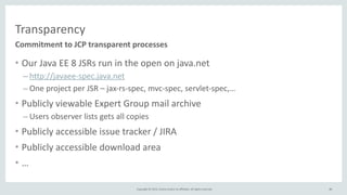 Copyright	
  ©	
  2015,	
  Oracle	
  and/or	
  its	
  affiliates.	
  All	
  rights	
  reserved.	
  
Transparency
• Our	
  Java	
  EE	
  8	
  JSRs	
  run	
  in	
  the	
  open	
  on	
  java.net	
  
– http://javaee-­‐spec.java.net	
  
– One	
  project	
  per	
  JSR	
  –	
  jax-­‐rs-­‐spec,	
  mvc-­‐spec,	
  servlet-­‐spec,…	
  
• Publicly	
  viewable	
  Expert	
  Group	
  mail	
  archive	
  
– Users	
  observer	
  lists	
  gets	
  all	
  copies	
  
• Publicly	
  accessible	
  issue	
  tracker	
  /	
  JIRA	
  	
  
• Publicly	
  accessible	
  download	
  area	
  
• …
Commitment	
  to	
  JCP	
  transparent	
  processes
86
 