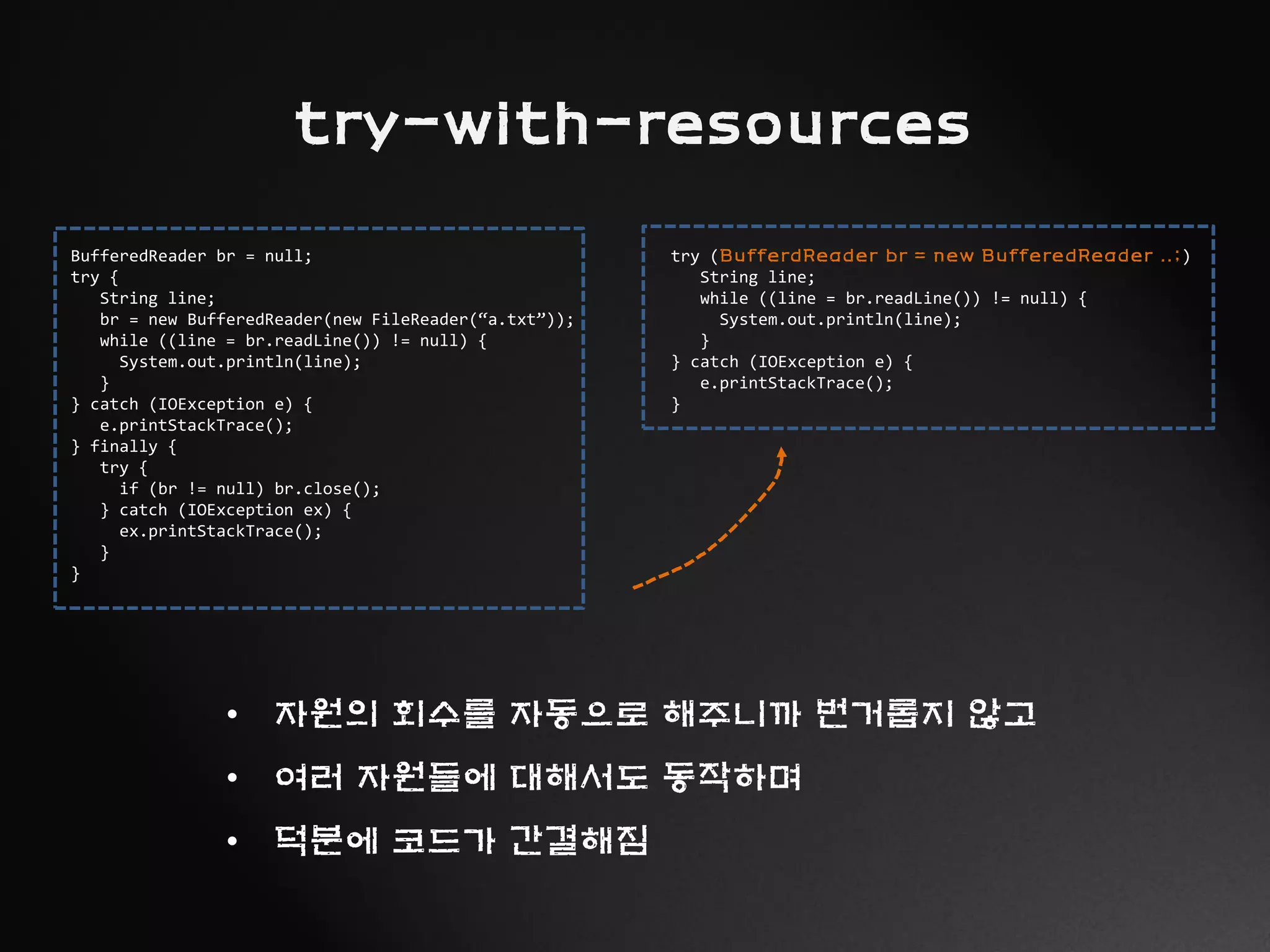 try-with-resources
BufferedReader br = null;
try {
String line;
br = new BufferedReader(new FileReader(“a.txt”));
while ((line = br.readLine()) != null) {
System.out.println(line);
}
} catch (IOException e) {
e.printStackTrace();
} finally {
try {
if (br != null) br.close();
} catch (IOException ex) {
ex.printStackTrace();
}
}
try (BufferdReader br = new BufferedReader ..;)
String line;
while ((line = br.readLine()) != null) {
System.out.println(line);
}
} catch (IOException e) {
e.printStackTrace();
}
• 자원의 회수를 자동으로 해주니까 번거롭지 않고
• 여러 자원들에 대해서도 동작하며
• 덕분에 코드가 간결해짐
 