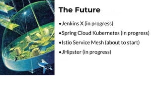Look into the
Future•Jenkins X (in progress)
•Spring Cloud Kubernetes (in progress)
•Istio Service Mesh (about to start)
•JHipster (in progress)
•JHipster
The Future
 