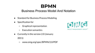 BPMN
Business Process Model And Notation
● Standard for Business Process Modeling
● Specification for
○ Graphical representation
○ Execution semantics
● Currently in the version 2.0 (January
2011)
○ www.omg.org/spec/BPMN/2.0/PDF
 
