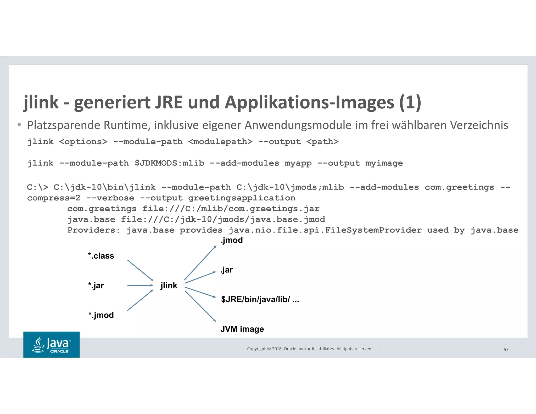 Copyright © 2018, Oracle and/or its affiliates. All rights reserved. | 57
jlink - generiert JRE und Applikations-Images (1)
• Platzsparende Runtime, inklusive eigener Anwendungsmodule im frei wählbaren Verzeichnis
jlink <options> --module-path <modulepath> --output <path>
jlink --module-path $JDKMODS:mlib --add-modules myapp --output myimage
C:> C:jdk-10binjlink --module-path C:jdk-10jmods;mlib --add-modules com.greetings --
compress=2 --verbose --output greetingsapplication
com.greetings file:///C:/mlib/com.greetings.jar
java.base file:///C:/jdk-10/jmods/java.base.jmod
Providers: java.base provides java.nio.file.spi.FileSystemProvider used by java.base
 