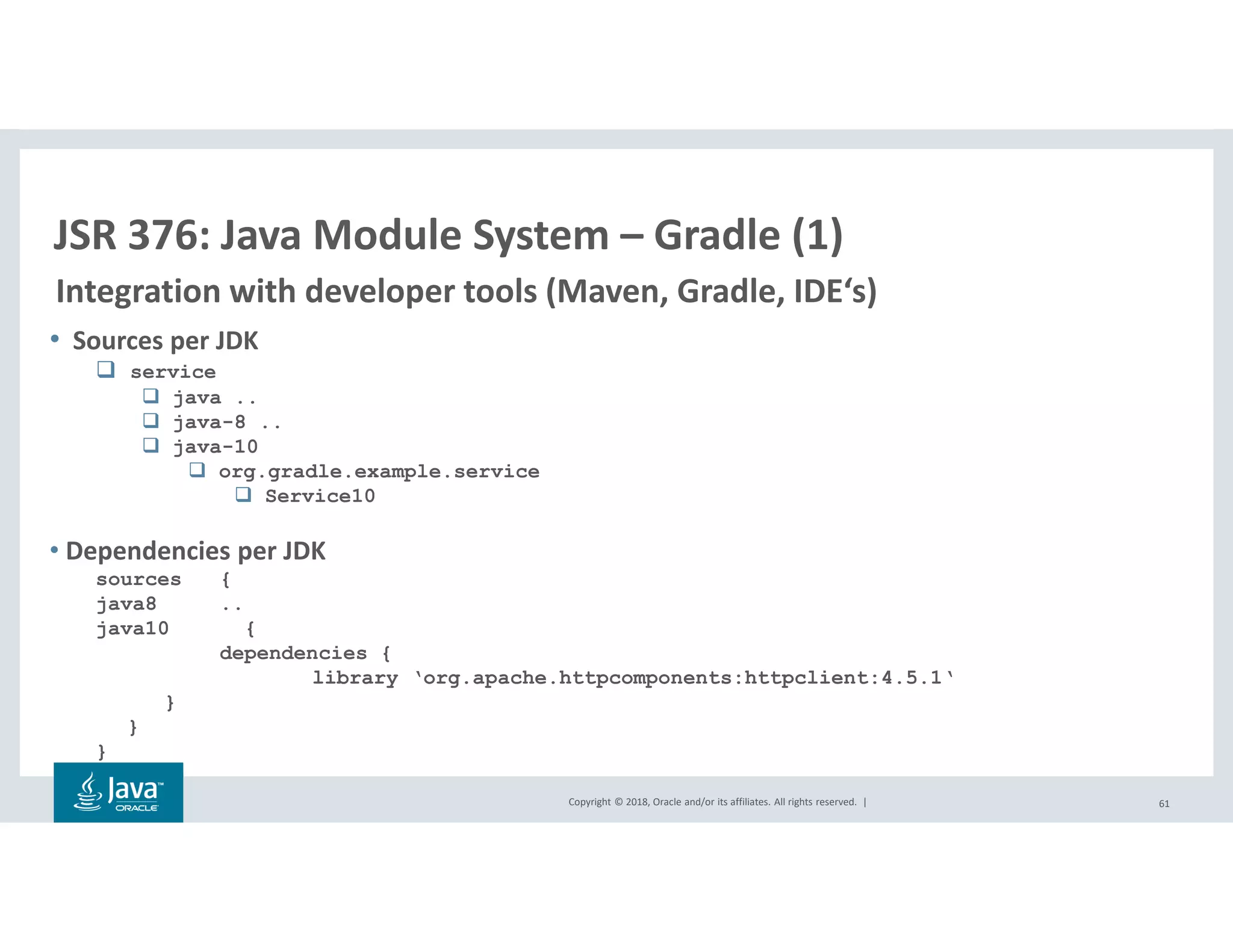 Copyright © 2018, Oracle and/or its affiliates. All rights reserved. |
• Sources per JDK
service
java ..
java-8 ..
java-10
org.gradle.example.service
Service10
• Dependencies per JDK
sources {
java8 ..
java10 {
dependencies {
library ‘org.apache.httpcomponents:httpclient:4.5.1‘
}
}
}
61
JSR 376: Java Module System – Gradle (1)
Integration with developer tools (Maven, Gradle, IDE‘s)
 