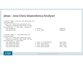 Copyright © 2018, Oracle and/or its affiliates. All rights reserved. | 52
jdeps - Java-Class-Dependency-Analyzer
C:mlib> jdeps -profile com.greetings.jar
com.greetings
[file:///C:/mlib/com.greetings.jar]
requires mandated java.base (@9-ea)
com.greetings -> java.base (compact1)
com.greetings -> java.io compact1
com.greetings -> java.lang compact1
C:mlib> jdeps -v com.greetings.jar
com.greetings
[file:///C:/mlib/com.greetings.jar]
requires mandated java.base (@9-ea)
com.greetings -> java.base
com.greetings.Main -> java.io.PrintStream java.base
com.greetings.Main -> java.lang.Object java.base
com.greetings.Main -> java.lang.String java.base
com.greetings.Main -> java.lang.System java. base
 