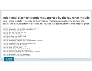 Copyright © 2018, Oracle and/or its affiliates. All rights reserved. | 56
Additional diagnostic options supported by the launcher include
java --show-module-resolution to show module resolution output during startup, and
causes the module system to describe its activities as it constructs the initial module graph
C:jdk-10> java --show-module-resolution|more
root jdk.management.jfr jrt:/jdk.management.jfr
root javafx.web jrt:/javafx.web
root jdk.xml.dom jrt:/jdk.xml.dom
root jdk.jfr jrt:/jdk.jfr
root jdk.httpserver jrt:/jdk.httpserver
root javafx.base jrt:/javafx.base
root jdk.net jrt:/jdk.net
root javafx.controls jrt:/javafx.controls
root jdk.management.resource jrt:/jdk.management.resource
root java.se jrt:/java.se
root jdk.management.cmm jrt:/jdk.management.cmm
root jdk.jsobject jrt:/jdk.jsobject
root javafx.swing jrt:/javafx.swing
root jdk.sctp jrt:/jdk.sctp
root oracle.desktop jrt:/oracle.desktop
root jdk.unsupported jrt:/jdk.unsupported
root jdk.scripting.nashorn jrt:/jdk.scripting.nashorn
root oracle.net jrt:/oracle.net
root jdk.management jrt:/jdk.management
root javafx.graphics jrt:/javafx.graphics
 