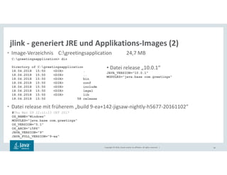 Copyright © 2018, Oracle and/or its affiliates. All rights reserved. | 58
jlink - generiert JRE und Applikations-Images (2)
• Image-Verzeichnis C:greetingsapplication 24,7 MB
• Datei release mit früherem „build 9-ea+142-jigsaw-nightly-h5677-20161102”
C:greetingsapplication> dir
Directory of C:greetingsapplication
18.04.2018 15:50 <DIR> .
18.04.2018 15:50 <DIR> ..
18.04.2018 15:50 <DIR> bin
18.04.2018 15:50 <DIR> conf
18.04.2018 15:50 <DIR> include
18.04.2018 15:50 <DIR> legal
18.04.2018 15:50 <DIR> lib
18.04.2018 15:50 58 release
#Thu Mar 09 22:11:23 CET 2017
OS_NAME="Windows"
MODULES="java.base com.greetings"
OS_VERSION="5.1"
OS_ARCH="i586"
JAVA_VERSION="9"
JAVA_FULL_VERSION="9-ea"
• Datei release „10.0.1“
JAVA_VERSION="10.0.1"
MODULES="java.base com.greetings"
 