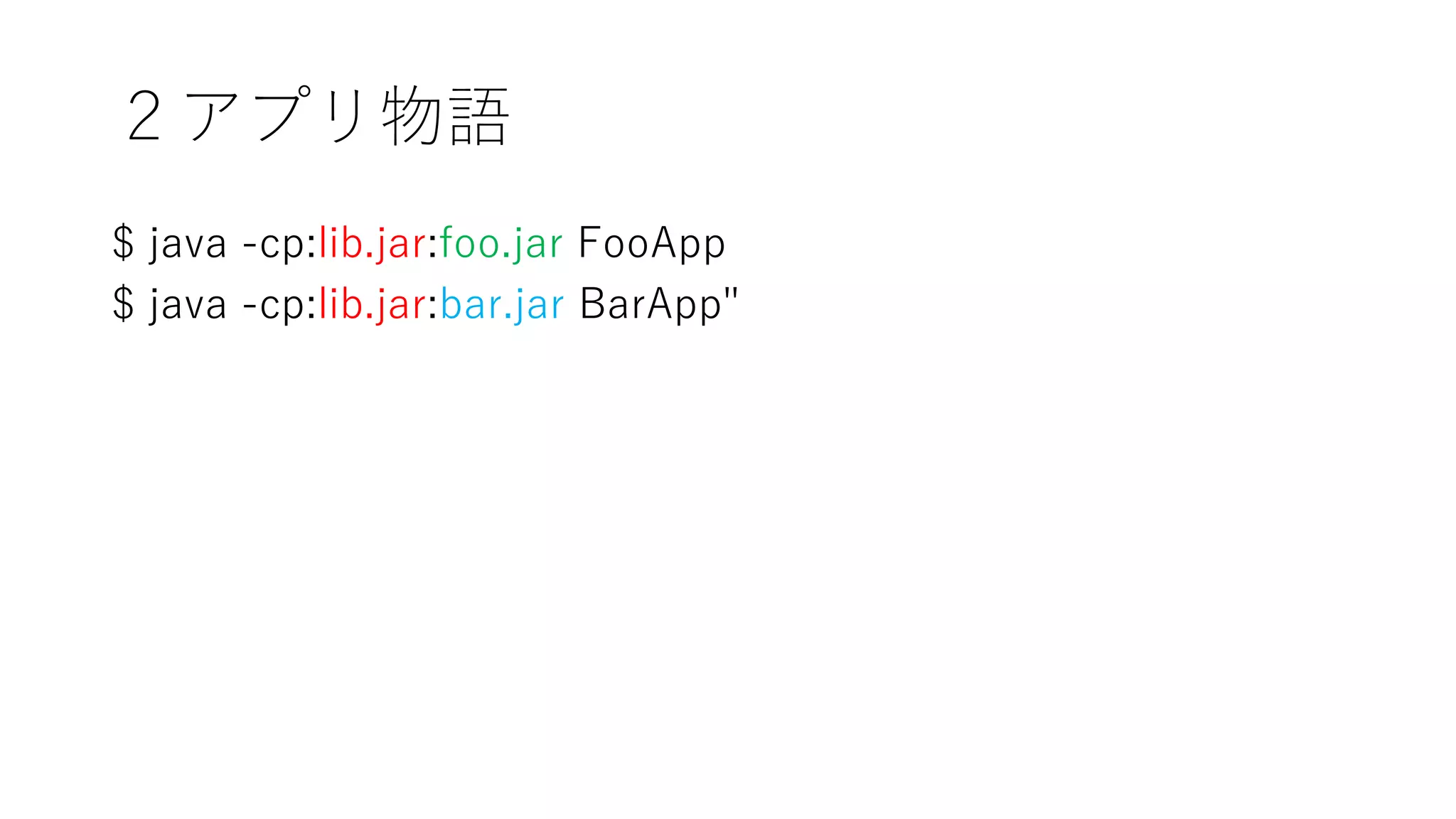 ２アプリ物語
$ java -cp:lib.jar:foo.jar FooApp
$ java -cp:lib.jar:bar.jar BarApp"
 