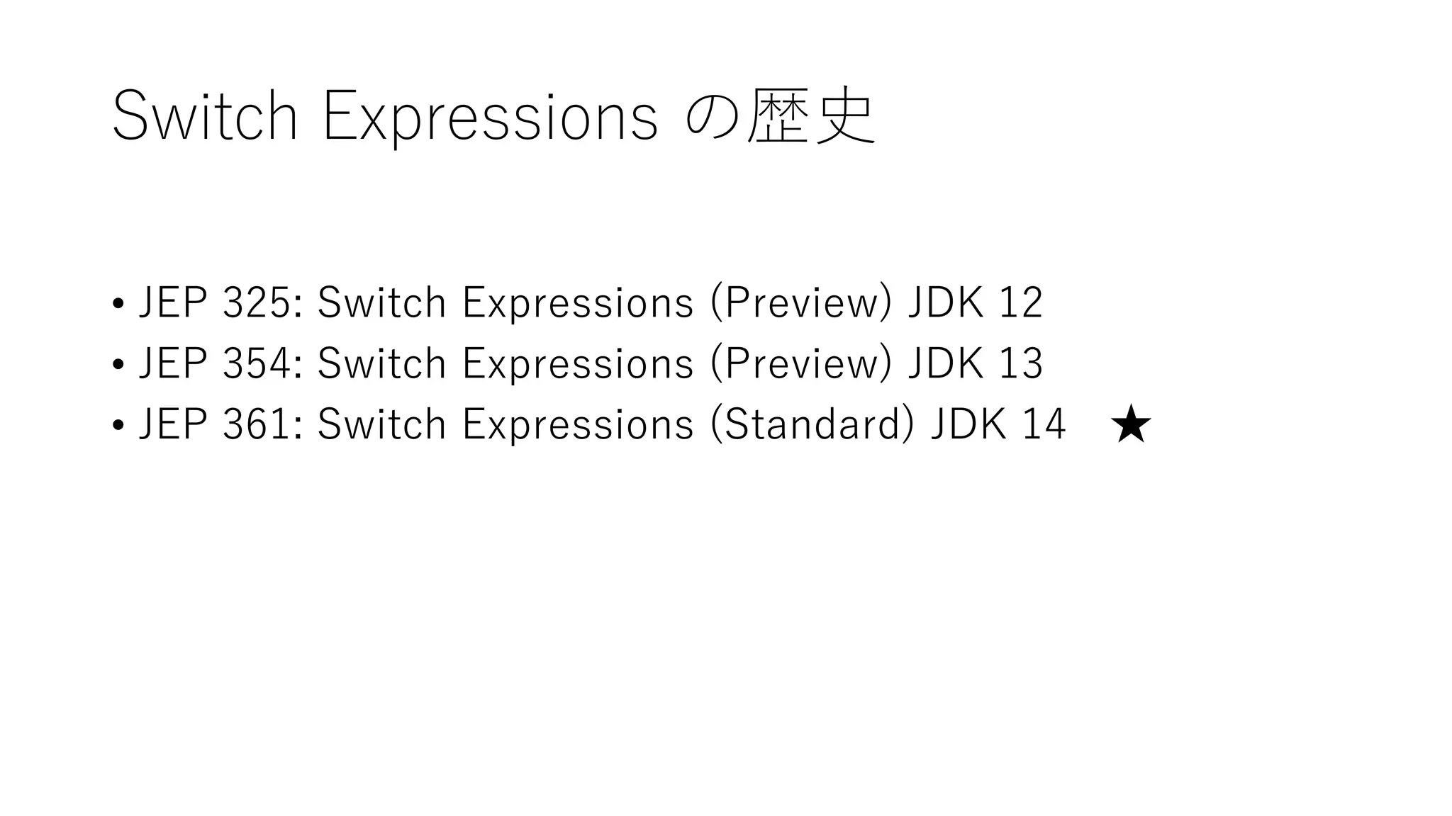 Switch Expressions の歴史
• JEP 325: Switch Expressions (Preview) JDK 12
• JEP 354: Switch Expressions (Preview) JDK 13
• JEP 361: Switch Expressions (Standard) JDK 14 ★
 
