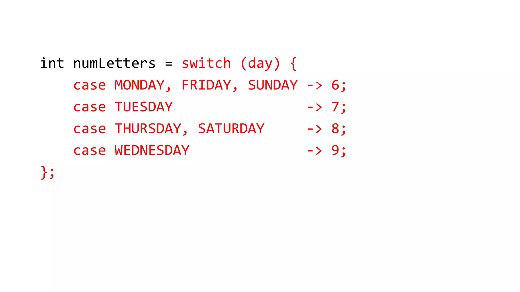 int numLetters = switch (day) {
case MONDAY, FRIDAY, SUNDAY -> 6;
case TUESDAY -> 7;
case THURSDAY, SATURDAY -> 8;
case WEDNESDAY -> 9;
};
 