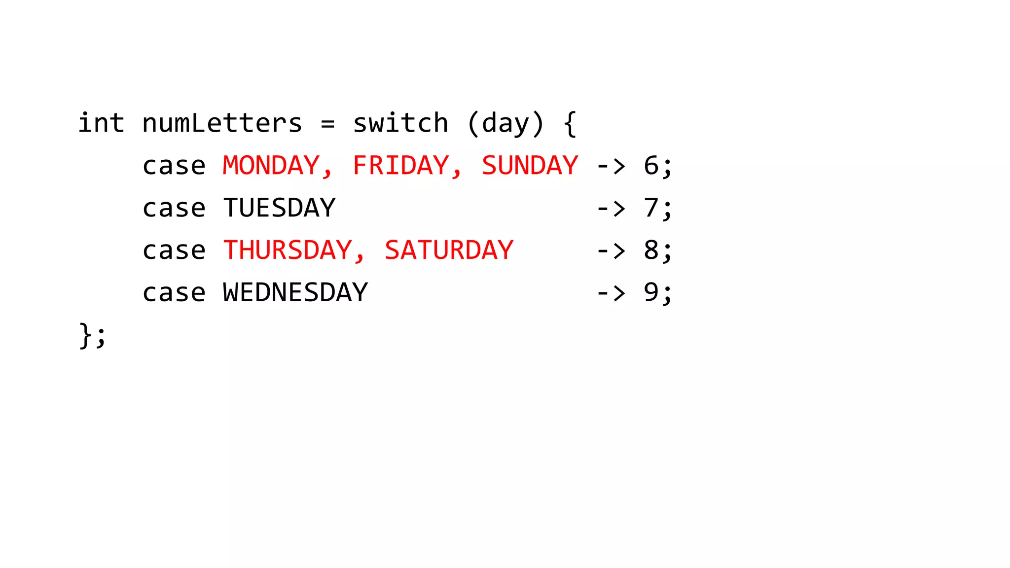 int numLetters = switch (day) {
case MONDAY, FRIDAY, SUNDAY -> 6;
case TUESDAY -> 7;
case THURSDAY, SATURDAY -> 8;
case WEDNESDAY -> 9;
};
 