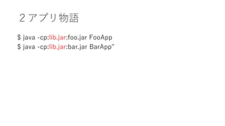 ץZ
$ java -cp:lib.jar:foo.jar FooApp
$ java -cp:lib.jar:bar.jar BarApp"
 