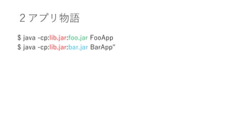 ץZ
$ java -cp:lib.jar:foo.jar FooApp
$ java -cp:lib.jar:bar.jar BarApp"
 