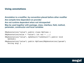 Generics - map Iterating a Map of Maps – non generic Iterator it = topMap.entrySet().iterator(); while(it.hasNext()) { Map.Entry e =  (Map.Entry) it.next(); Iterator itSub = ( (Map) e.getValue()).entrySet().iterator(); while(itSub.hasNext()) { Map.Entry eSub =  (Map.Entry) itSub.next(); String k =  (String) eSub.getKey(); } } Iterating a Map of Maps – generic Iterator <Map.Entry<String,  Map<String, String>>>  it = topMap.entrySet().iterator(); while(it.hasNext()) { Map.Entry <String,  Map<String, String>>  e = it.next(); Iterator <<Entry.Set<String, String>>  itSub = e.getValue().entrySet().iterator(); while(itSub.hasNext()) { Map.Entry <String, String>  eSub = itSub.next(); String k = eSub.getKey(); } } 