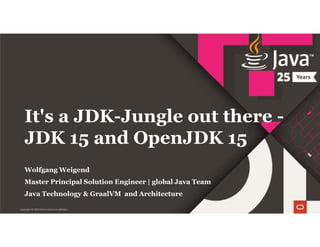 Copyright © 2020 Oracle and/or its affiliates.
It's a JDK-Jungle out there -
JDK 15 and OpenJDK 15
Wolfgang Weigend
Master Principal Solution Engineer | global Java Team
Java Technology & GraalVM and Architecture
 