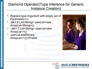 Diamond Operator(Type Inference for Generic Instance Creation) ‏ Replace type Argument with empty set of Parameter(<>) ‏ Jdk1.6 List<String> userList=new ArrayList<String>(); Jdk1.7 List<String> userList=new ArrayList<>(); userList.addAll(new ArrayList<>());//Failed http://download.java.net/jdk7/docs/technotes/guides/language/catch-multiple.html 