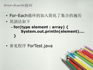 ? For-Eachѭļ˼ϵı
? Z
 C for(type element : array) {
       System.out.println(element)....
   }

? μ ForTest.java
 