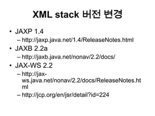 XML stack 버전 변경JAXP 1.4http://jaxp.java.net/1.4/ReleaseNotes.htmlJAXB 2.2ahttp://jaxb.java.net/nonav/2.2/docs/JAX-WS 2.2http://jax-ws.java.net/nonav/2.2/docs/ReleaseNotes.htmlhttp://jcp.org/en/jsr/detail?id=224