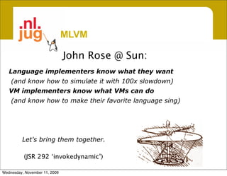 MLVM

                               John Rose @ Sun:
   Language implementers know what they want
     (and know how to simulate it with 100x slowdown)  
   VM implementers know what VMs can do
     (and know how to make their favorite language sing)




         Let's bring them together.

          (JSR 292 ‘invokedynamic’)

Wednesday, November 11, 2009
 