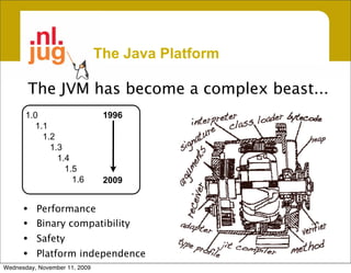 The Java Platform

          The JVM has become a complex beast...
       1.0                      1996
          1.1
            1.2
              1.3
                1.4
                  1.5
                    1.6         2009


      •    Performance
      •    Binary compatibility
      •    Safety
      •    Platform independence
Wednesday, November 11, 2009
 