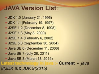 JAVA Version List:
 JDK 1.0 (January 21, 1996)
 JDK 1.1 (February 19, 1997)
 J2SE 1.2 (December 8, 1998)
 J2SE 1.3 (May 8, 2000)
 J2SE 1.4 (February 6, 2002)
 J2SE 5.0 (September 30, 2004)
 Java SE 6 (December 11, 2006)
 Java SE 7 (July 28, 2011)
 Java SE 8 (March 18, 2014)
Latest technology in java :- Current - java
8(JDK 8)& JDK 9(2015)
 