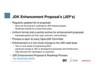 JDK Enhancement Proposal’s (JEP’s)
• Regularly updated list of proposals
– Serve as the long-term roadmap for JDK release projects
– Roadmap extends for at least three years
• Uniform format and a central archive for enhancement proposals
– Interested parties can find, read, comment, and contribute
• Process is open to every OpenJDK Committer
12 Copyright © 2014, Oracle and/or its affiliates. All rights reserved.
• Process is open to every OpenJDK Committer
• Enhancement is a non-trivial change to the JDK code base
– Two or more weeks of engineering effort
– significant change to JDK or development processes and infrastructure
– High demand from developers or customers
• JDK Enhancement-Proposal & Roadmap Process
http://openjdk.java.net/jeps/1
 