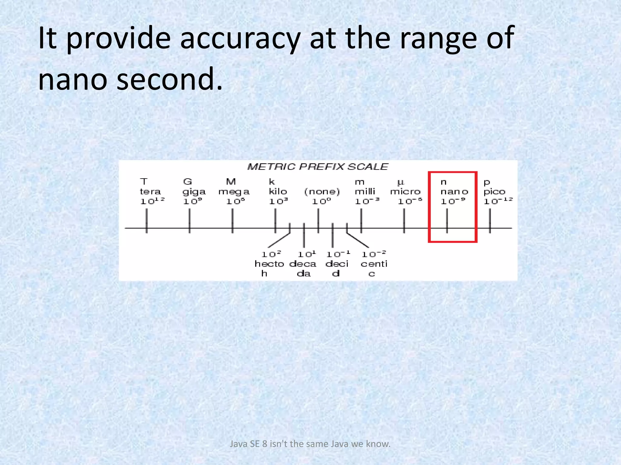 It provide accuracy at the range of
nano second.
Java SE 8 isn't the same Java we know.
 