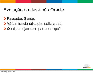 Evolução do Java pós Oracle
        Passados 6 anos;
        Várias funcionalidades solicitadas;
        Qual planejamento para entrega?




                                              Globalcode	
  –	
  Open4education
Saturday, July 7, 12
 