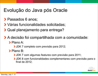 Evolução do Java pós Oracle
        Passados 6 anos;
        Várias funcionalidades solicitadas;
        Qual planejamento para entrega?

        A decisão foi compartilhada com a comunidade:
              Plano A:
                       JDK 7 completo com previsão para 2012;
              Plano B:
                       JDK 7 com algumas features com previsão para 2011;
                       JDK 8 com funcionalidades complementares com previsão para o
                       final de 2012;


                                                                Globalcode	
  –	
  Open4education
Saturday, July 7, 12
 