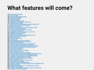 What features will come?
102: Process API Updates
110: HTTP 2 Client
143: Improve Contended Locking
158: Unified JVM Logging
165: Compiler Control
193: Variable Handles
197: Segmented Code Cache
199: Smart Java Compilation, Phase Two
201: Modular Source Code
211: Elide Deprecation Warnings on Import Statements
212: Resolve Lint and Doclint Warnings
213: Milling Project Coin
214: Remove GC Combinations Deprecated in JDK 8
215: Tiered Attribution for javac
216: Process Import Statements Correctly
217: Annotations Pipeline 2.0
219: Datagram Transport Layer Security (DTLS)
220: Modular Run-Time Images
221: Simplified Doclet API
222: jshell: The Java Shell (Read-Eval-Print Loop)
223: New Version-String Scheme
224: HTML5 Javadoc
226: UTF-8 Property Files
227: Unicode 7.0
228: Add More Diagnostic Commands
229: Create PKCS12 Keystores by Default
230: Microbenchmark Suite
231: Remove Launch-Time JRE Version Selection
232: Improve Secure Application Performance
233: Generate Run-Time Compiler Tests Automatically
235: Test Class-File Attributes Generated by javac
236: Parser API for Nashorn
237: Linux/AArch64 Port
240: Remove the JVM TI hprof Agent
241: Remove the jhat Tool
243: Java-Level JVM Compiler Interface
244: TLS Application-Layer Protocol Negotiation Extension
245: Validate JVM Command-Line Flag Arguments
246: Leverage CPU Instructions for GHASH and RSA
247: Compile for Older Platform Versions
248: Make G1 the Default Garbage Collector
249: OCSP Stapling for TLS
250: Store Interned Strings in CDS Archives
251: Multi-Resolution Images
252: Use CLDR Locale Data by Default
253: Prepare JavaFX UI Controls & CSS APIs for Modularization
254: Compact Strings
255: Merge Selected Xerces 2.11.0 Updates into JAXP
256: BeanInfo Annotations
257: Update JavaFX/Media to Newer Version of GStreamer
258: HarfBuzz Font-Layout Engine
 